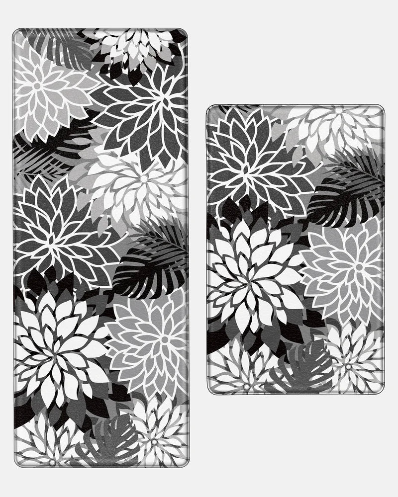 Black White floral extra-wide kitchen mat set with 24-by-39-inch and 24-by-59-inch mats