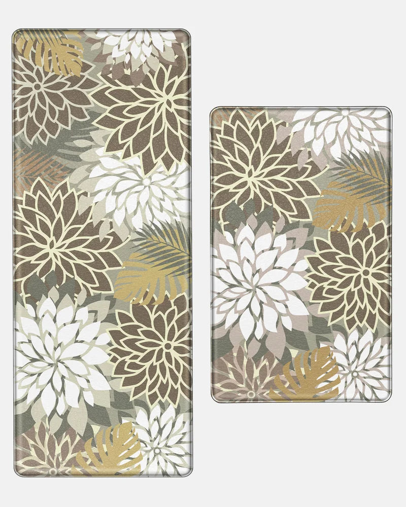 Brown White floral extra-wide kitchen mat set with 24-by-39-inch and 24-by-59-inch mats