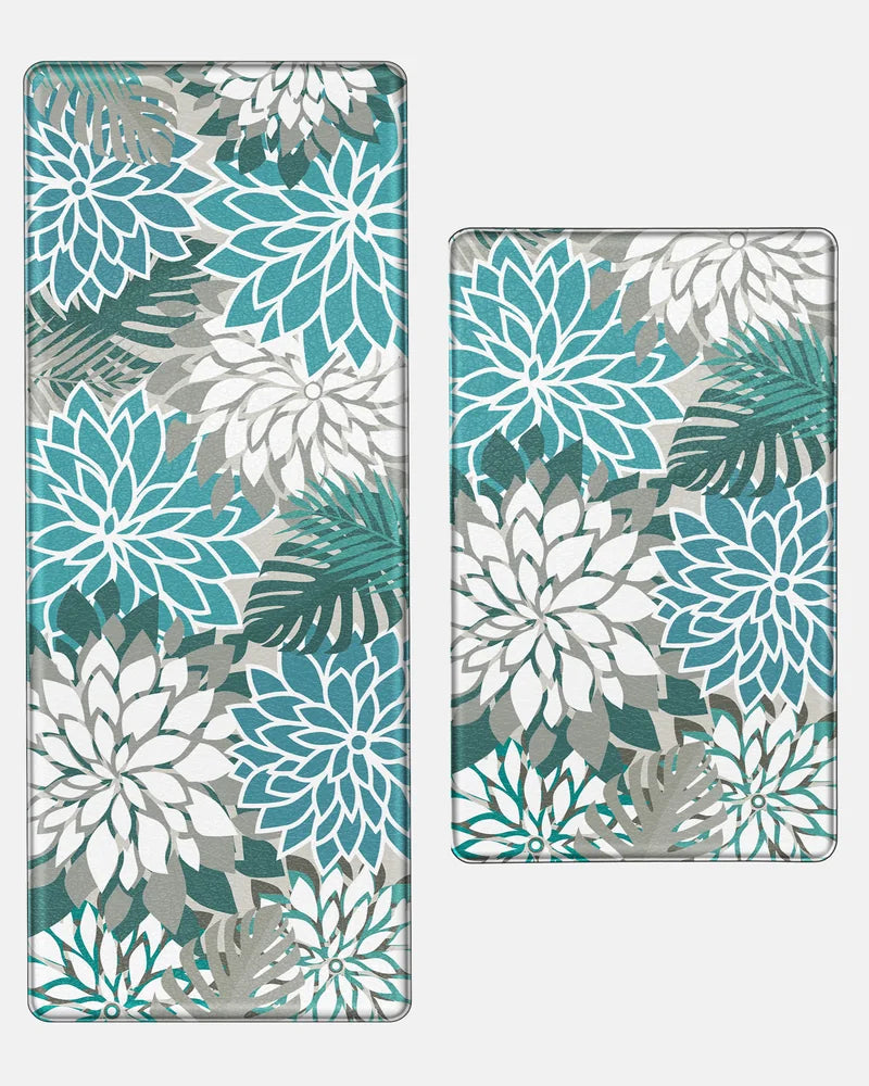 Teal floral extra-wide kitchen mat set with 24-by-39-inch and 24-by-59-inch mats