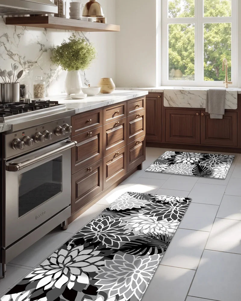 Black White floral extra-wide cushioned mats in a wood cabinet kitchen