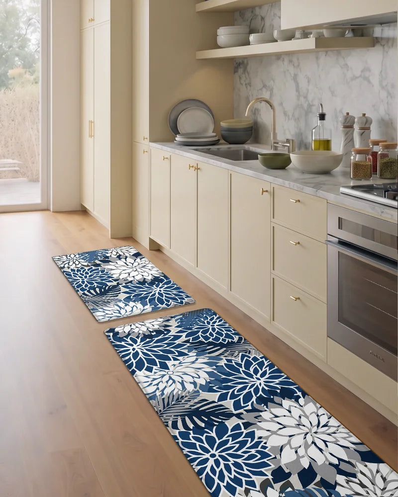 Blue Gray floral extra-wide cushioned mats along a kitchen counter