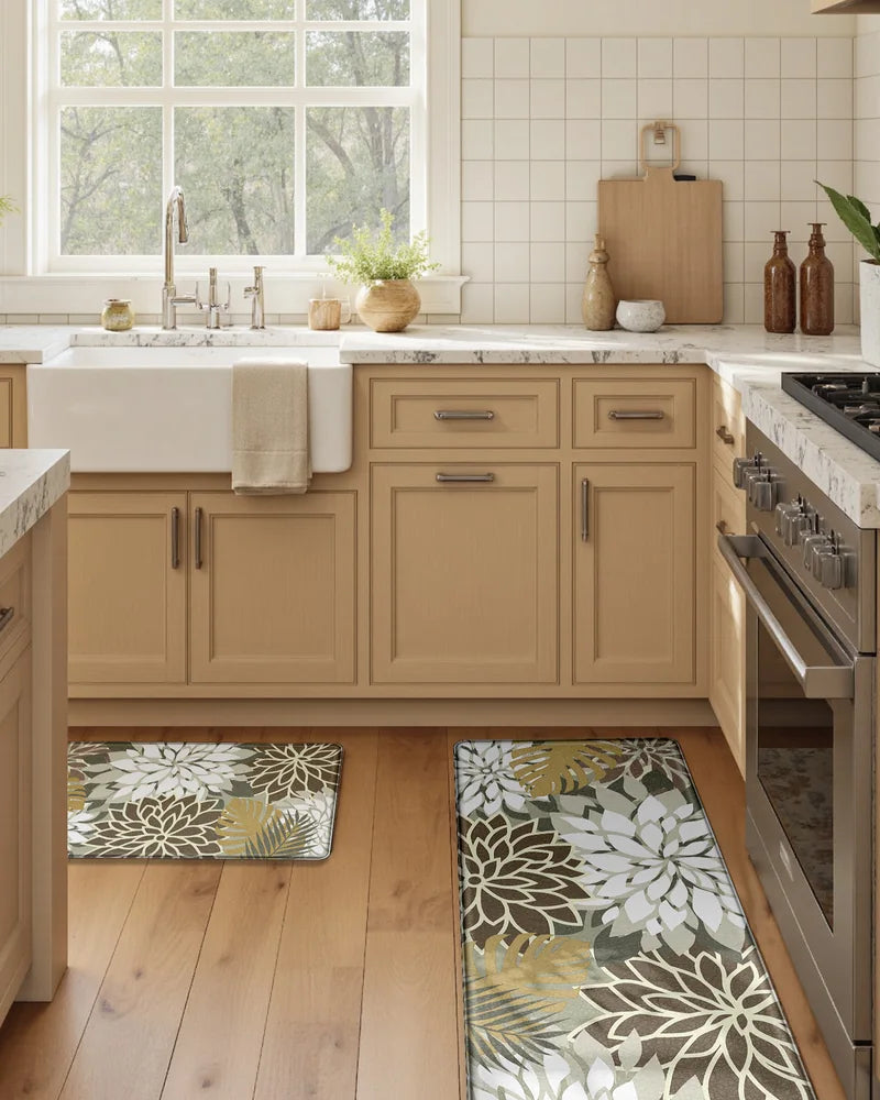 Brown White floral extra-wide cushioned mats in a farmhouse kitchen