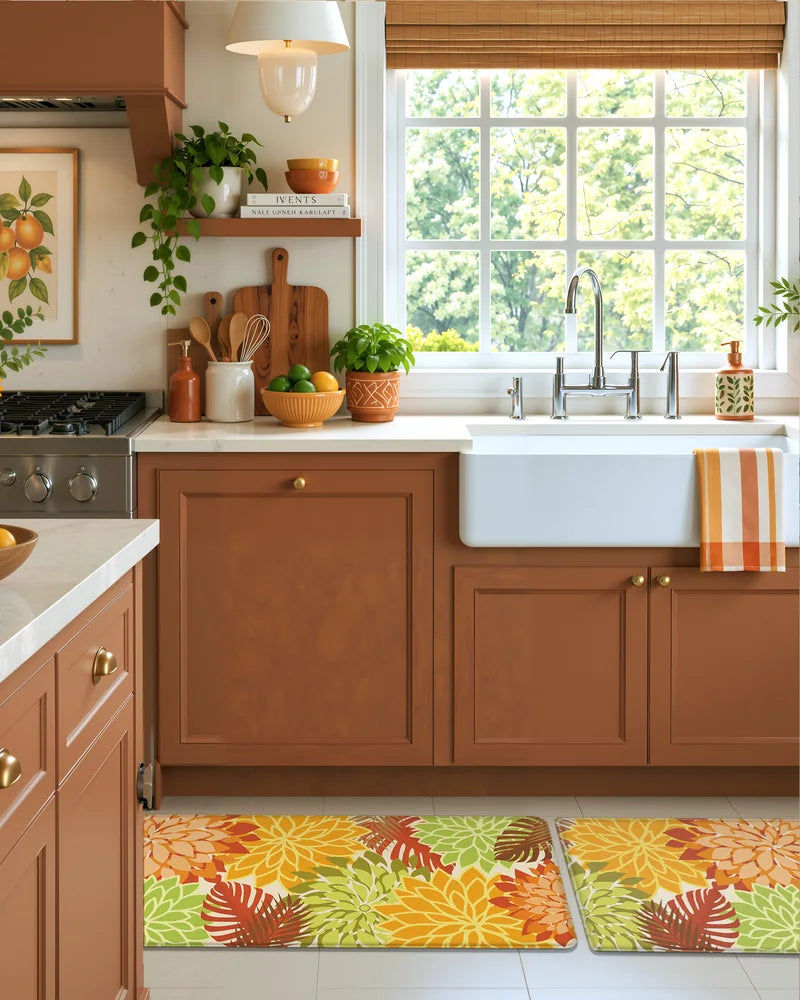 Maple Orange floral extra-wide cushioned mats at a farmhouse kitchen sink