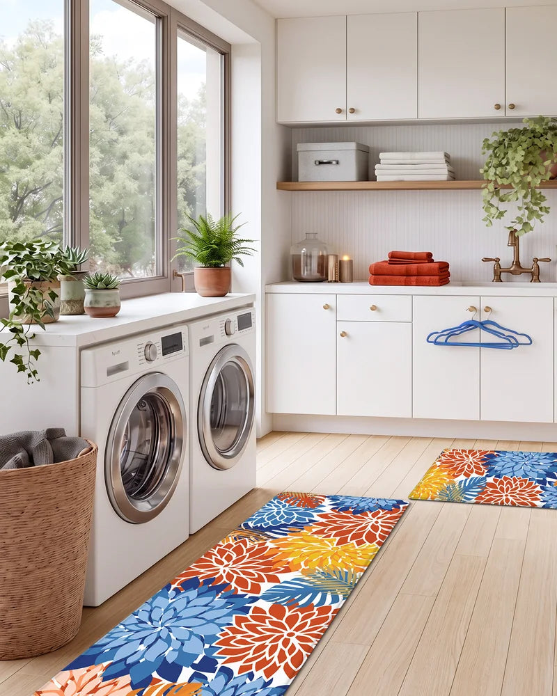 Red Blue floral extra-wide kitchen mats beside a laundry area and counter