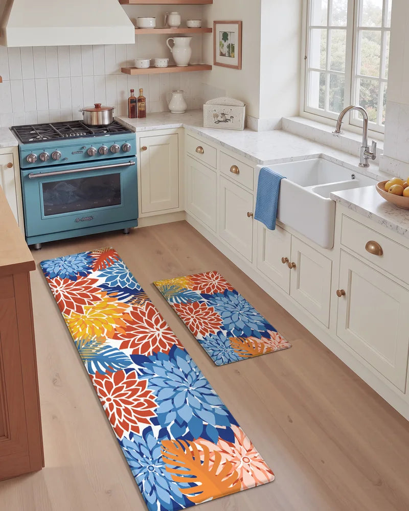Red Blue floral extra-wide cushioned mats in a bright white kitchen