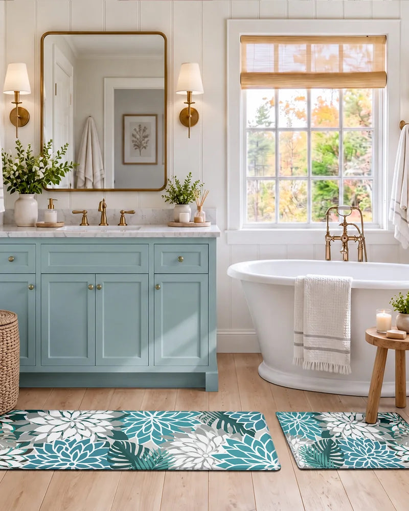 Teal floral extra-wide cushioned mats styled in a bright bathroom