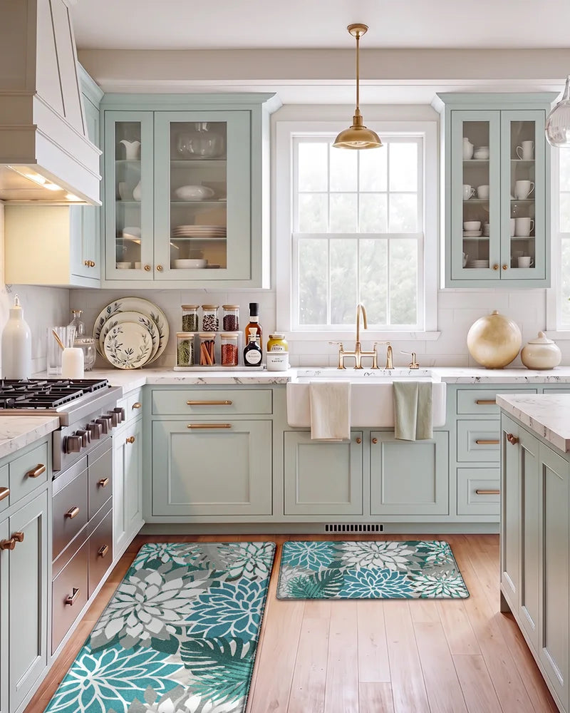 Teal floral extra-wide anti-fatigue mats in a farmhouse kitchen