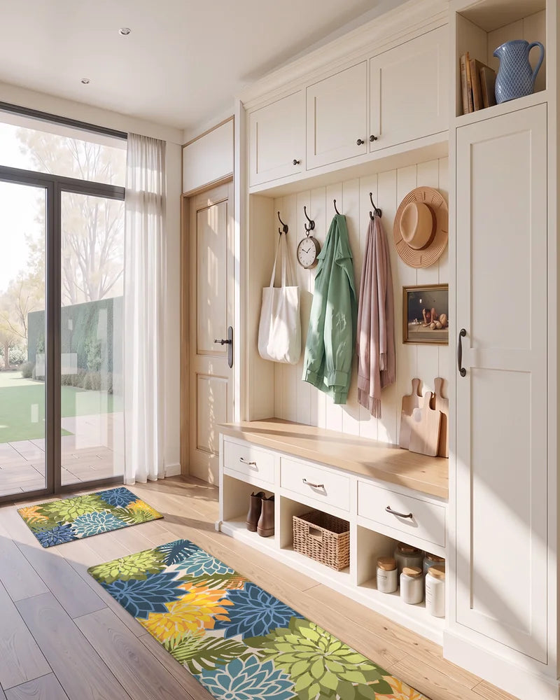 Yellow Green floral extra-wide cushioned mats in a sunny entryway