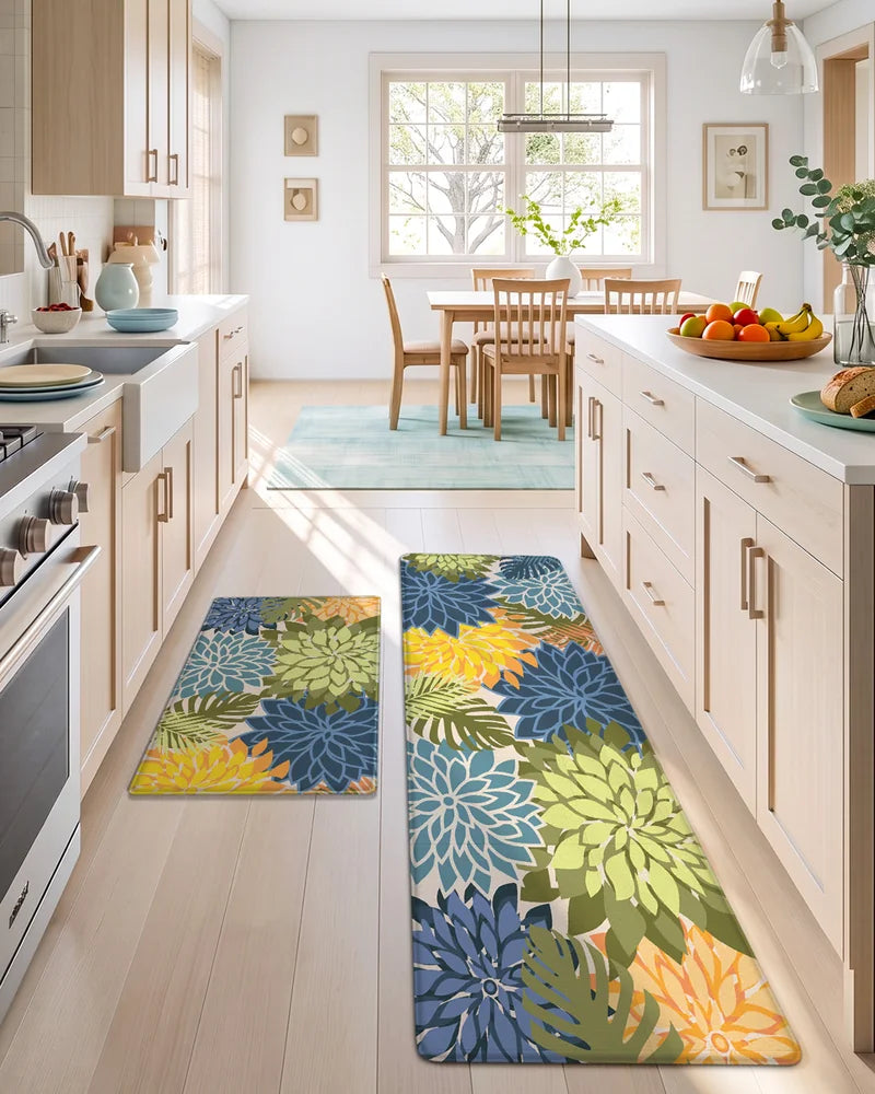 Yellow Green floral extra-wide anti-fatigue mats in a galley kitchen