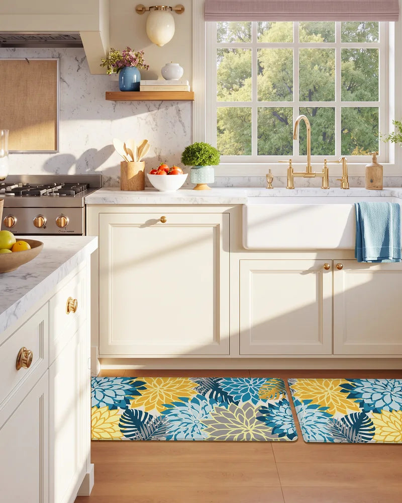 Yellow Teal floral extra-wide anti-fatigue mats at a farmhouse kitchen sink