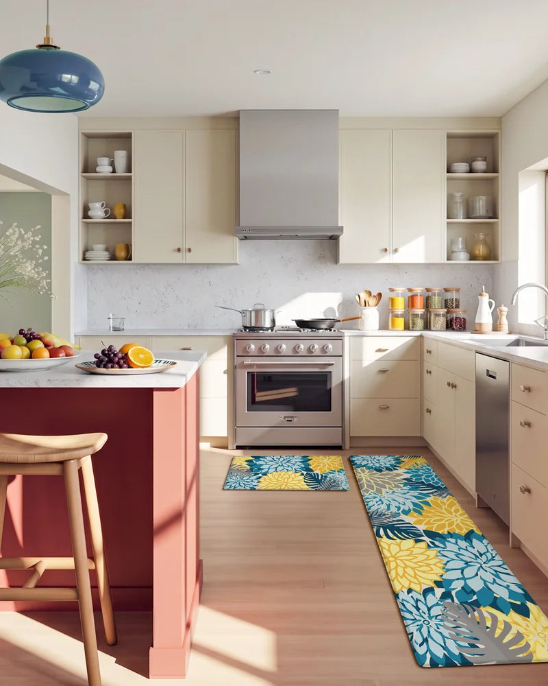 Yellow Teal floral extra-wide cushioned mats in a modern kitchen