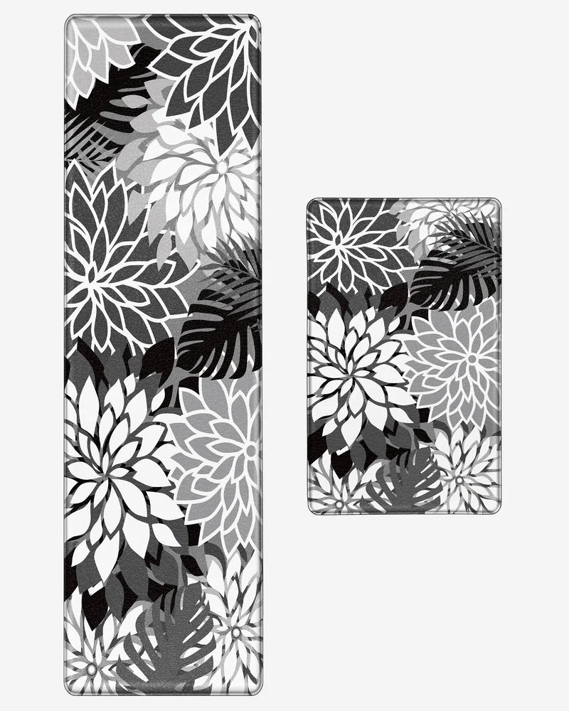 Black White floral kitchen mat set with 17.3-by-28-inch mat and 59-inch runner