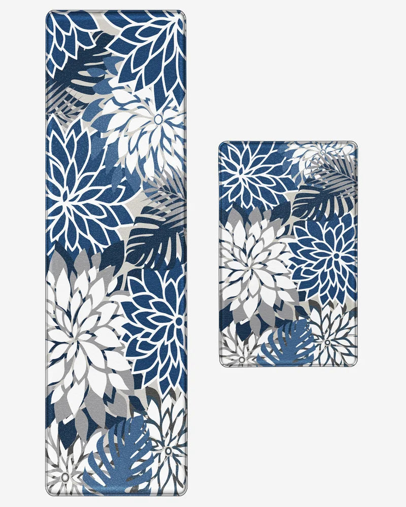 Blue Gray floral kitchen mat set with 17.3-by-28-inch mat and 59-inch runner