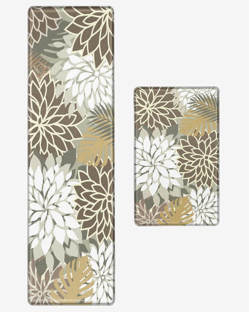Brown White floral kitchen mat set with 17.3-by-28-inch mat and 59-inch runner