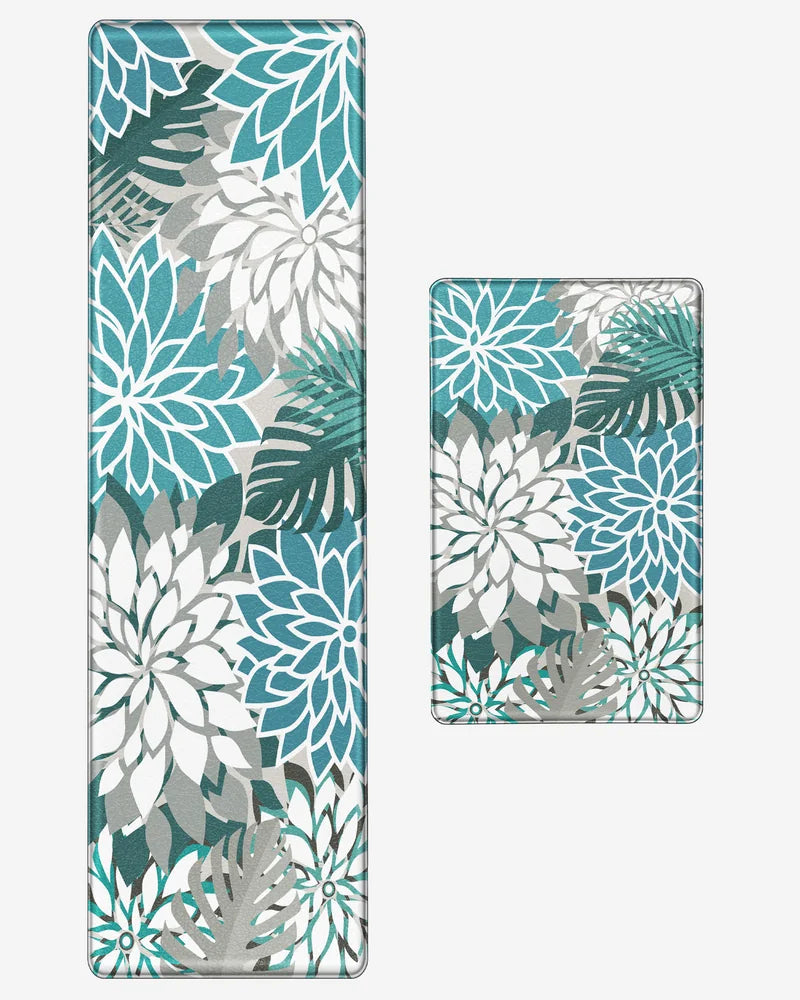 Teal floral kitchen mat set with 17.3-by-28-inch mat and 59-inch runner