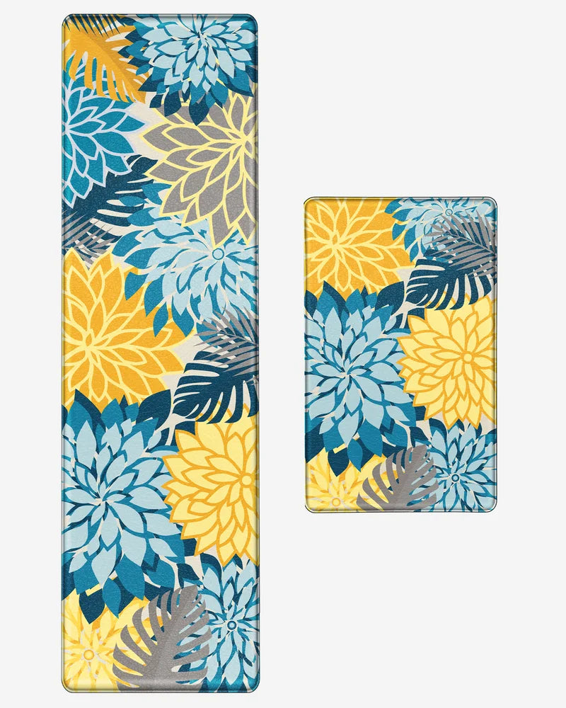 Yellow Teal floral kitchen mat set with 17.3-by-28-inch mat and 59-inch runner