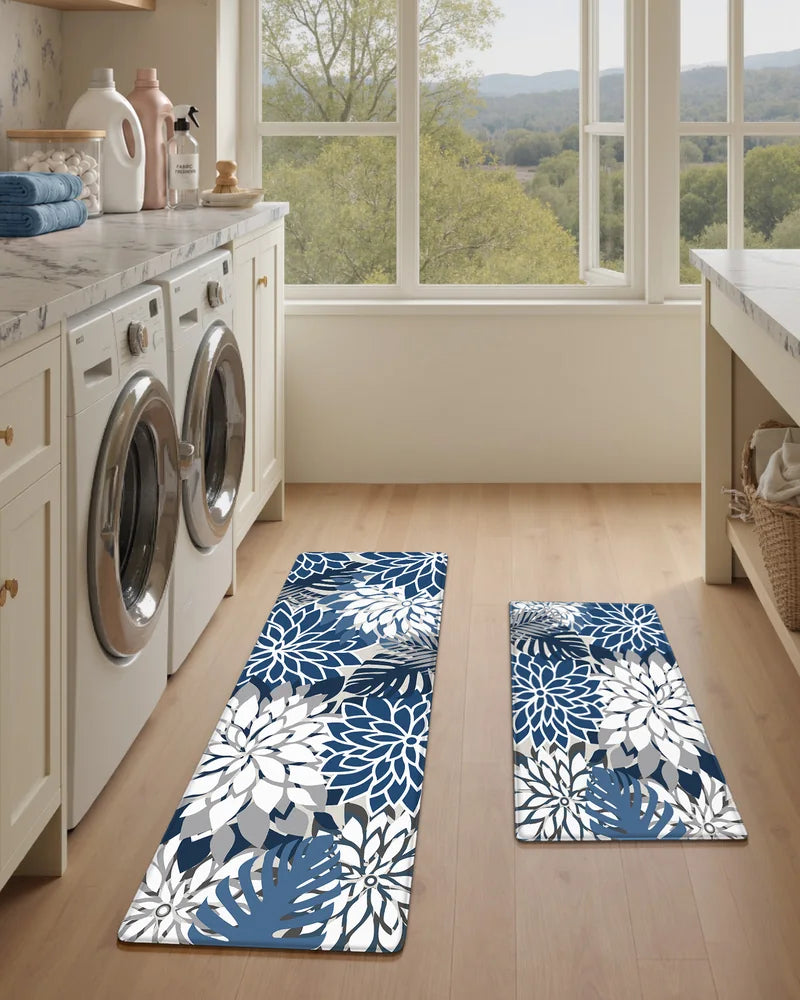 Blue Gray floral anti-fatigue mats arranged in a bright laundry room