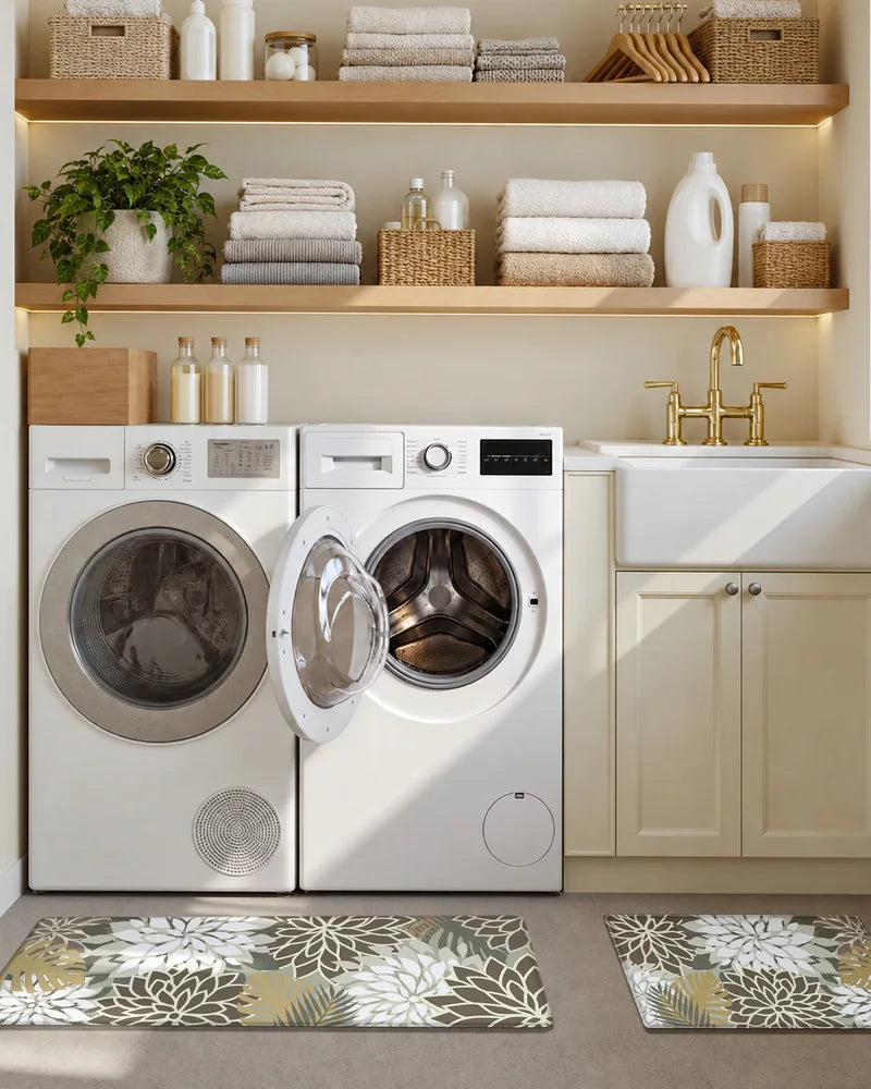 Brown White floral anti-fatigue mats styled in a neutral laundry room