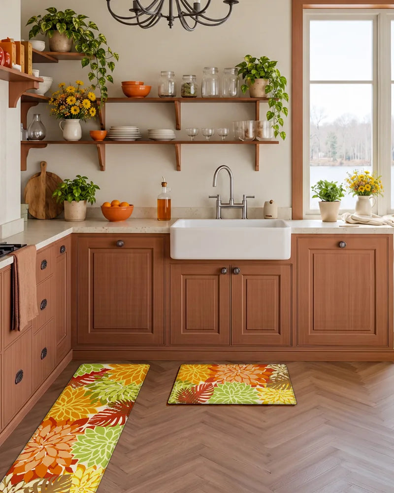 Maple Orange floral anti-fatigue mats beside the sink in a rustic wood kitchen