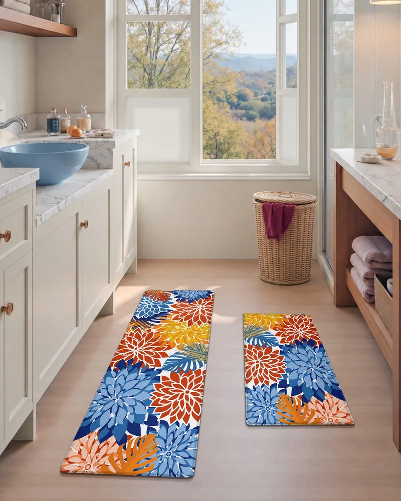 Red Blue floral anti-fatigue mats adding bright color to a laundry room