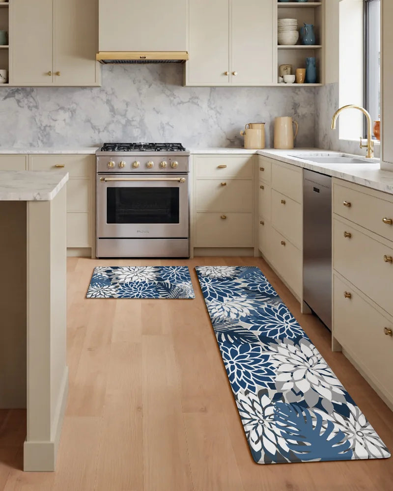 Blue Gray floral kitchen runner and matching mat in a white kitchen