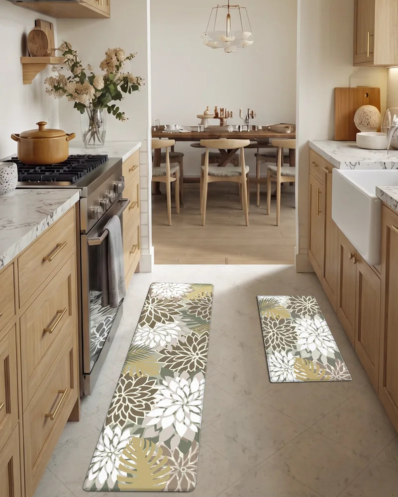 Brown White floral kitchen runner and matching mat in a warm galley kitchen