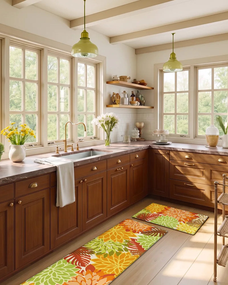 Maple Orange floral kitchen runner and matching mat in a sunny kitchen