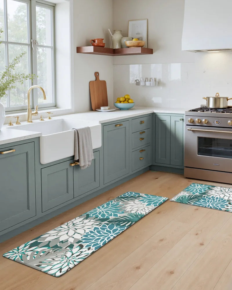 Teal floral kitchen runner and matching mat in a soft blue kitchen