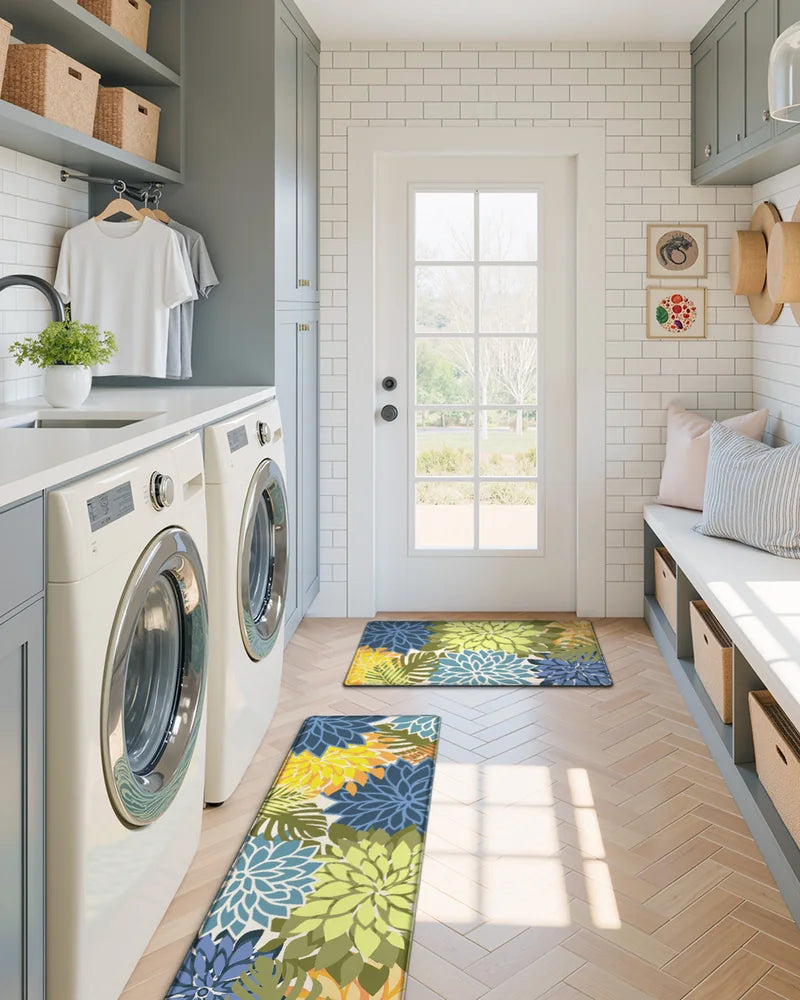 Yellow Green floral kitchen runner and matching mat in a bright laundry room