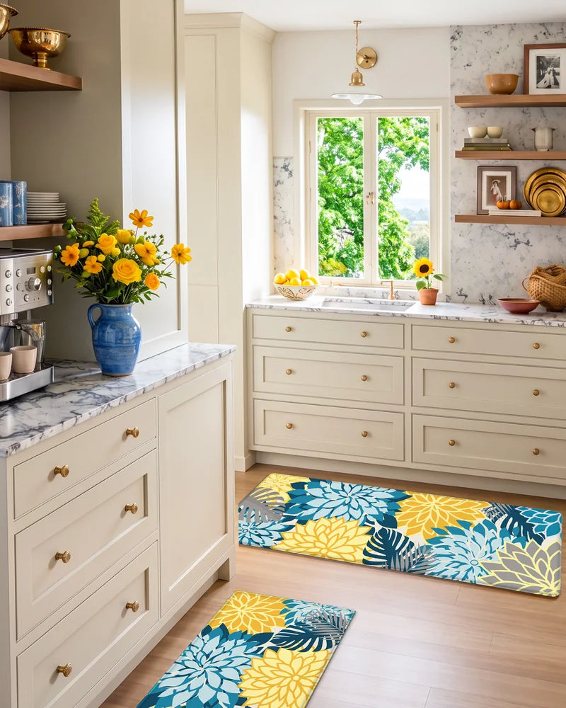 Yellow Teal floral kitchen runner and matching mat in a cream kitchen