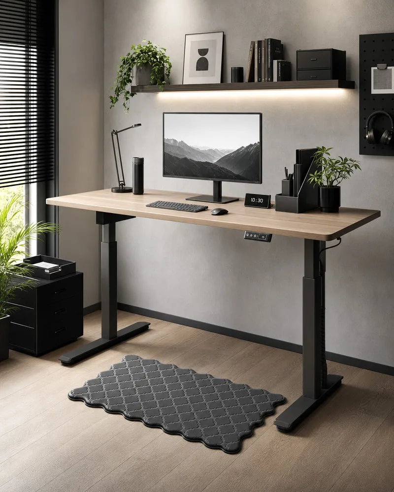 Gray scalloped anti-fatigue floor mat under an office desk