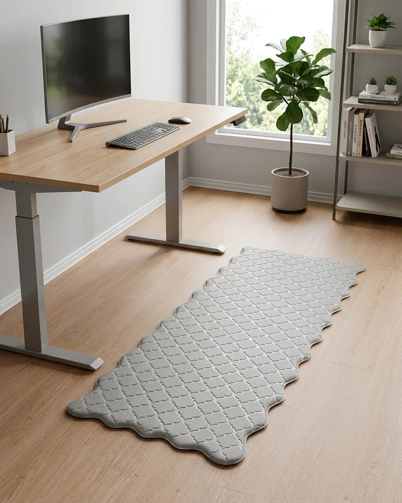 Gray scalloped anti-fatigue mat under a standing desk