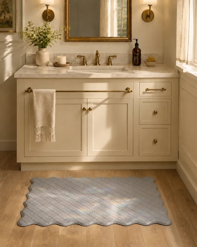 Gray scalloped anti-fatigue floor mat in front of a bathroom vanity with natural light