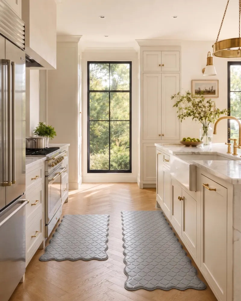 Gray scalloped anti-fatigue kitchen mat set in a bright modern kitchen with white cabinets