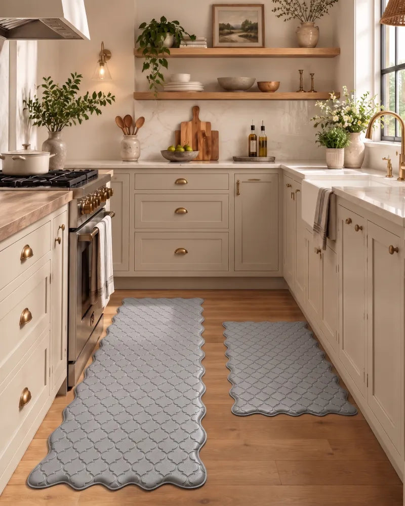 Gray scalloped anti-fatigue kitchen mat set in a warm farmhouse kitchen with wood accents