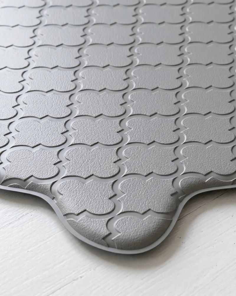 Close-up of gray scalloped kitchen mat with embossed texture