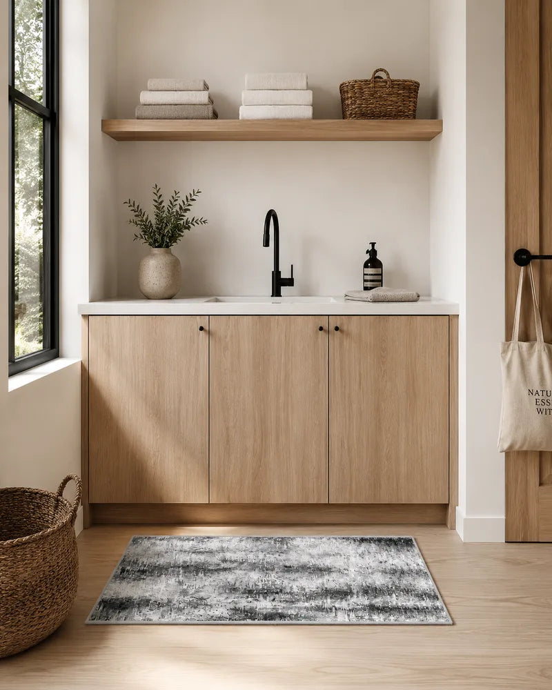 Gray washable runner rug and mat in a bathroom with a light wood vanity