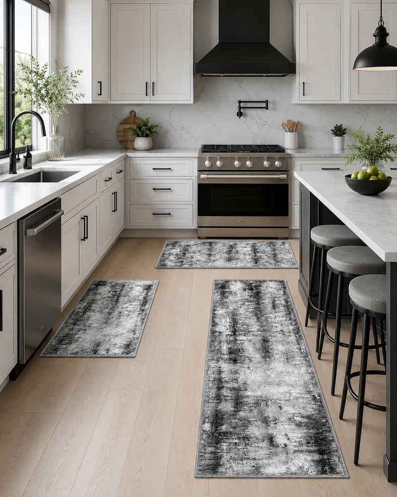 Gray washable non-slip kitchen rug set with dark cabinets