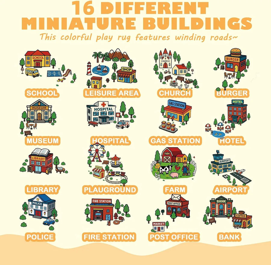 Illustrated city buildings and English labels on an educational kids car rug