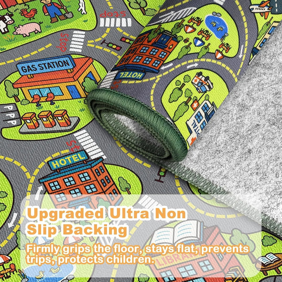 Kids car rug with upgraded ultra non-slip backing that helps it stay flat on hard floors