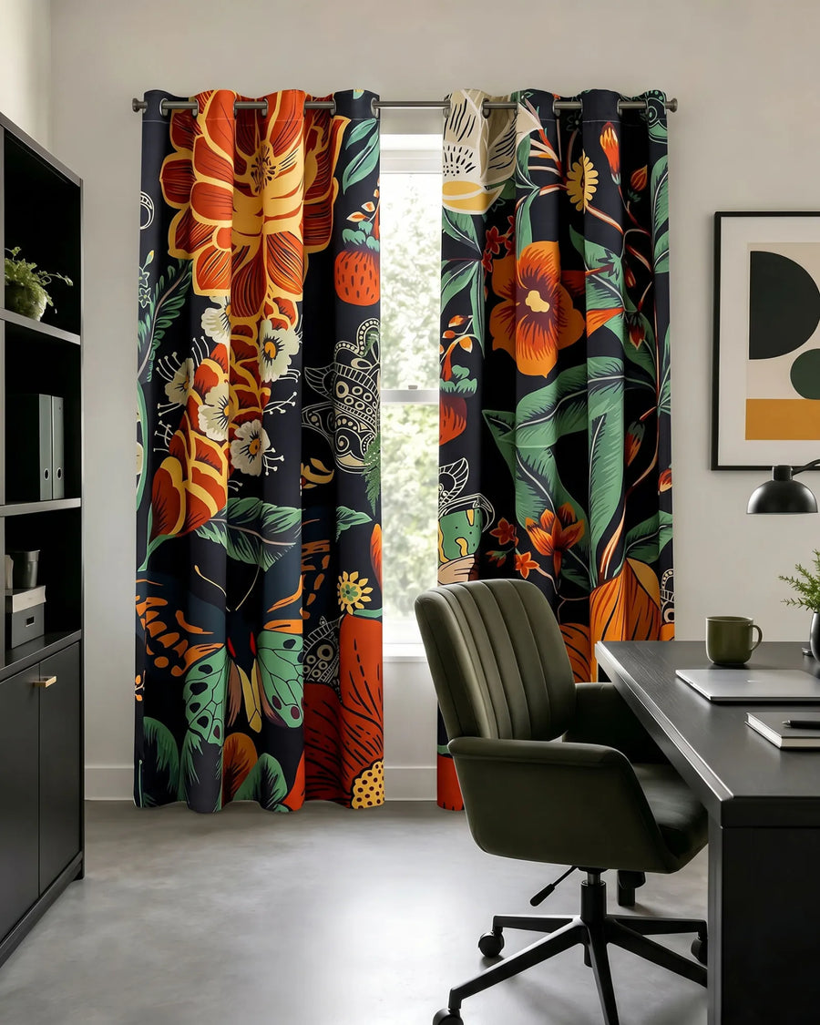 Boho floral blackout curtains in a home office featuring the Mocha Noir pattern