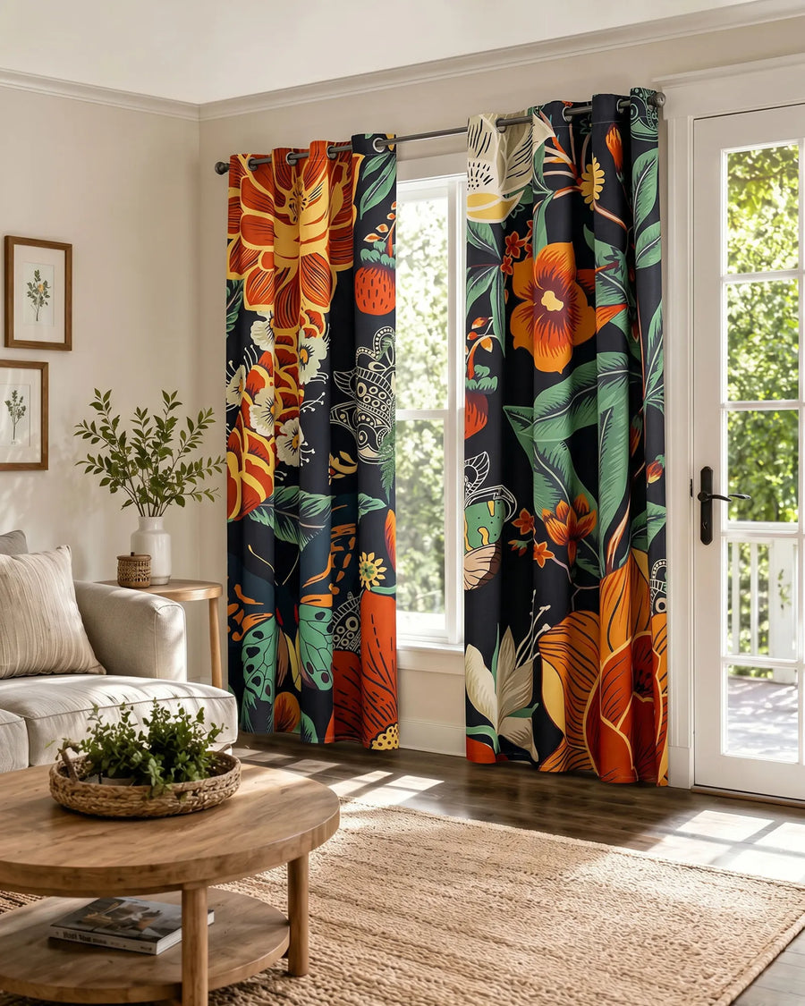 Boho floral blackout curtains in a living room featuring the Mocha Noir pattern
