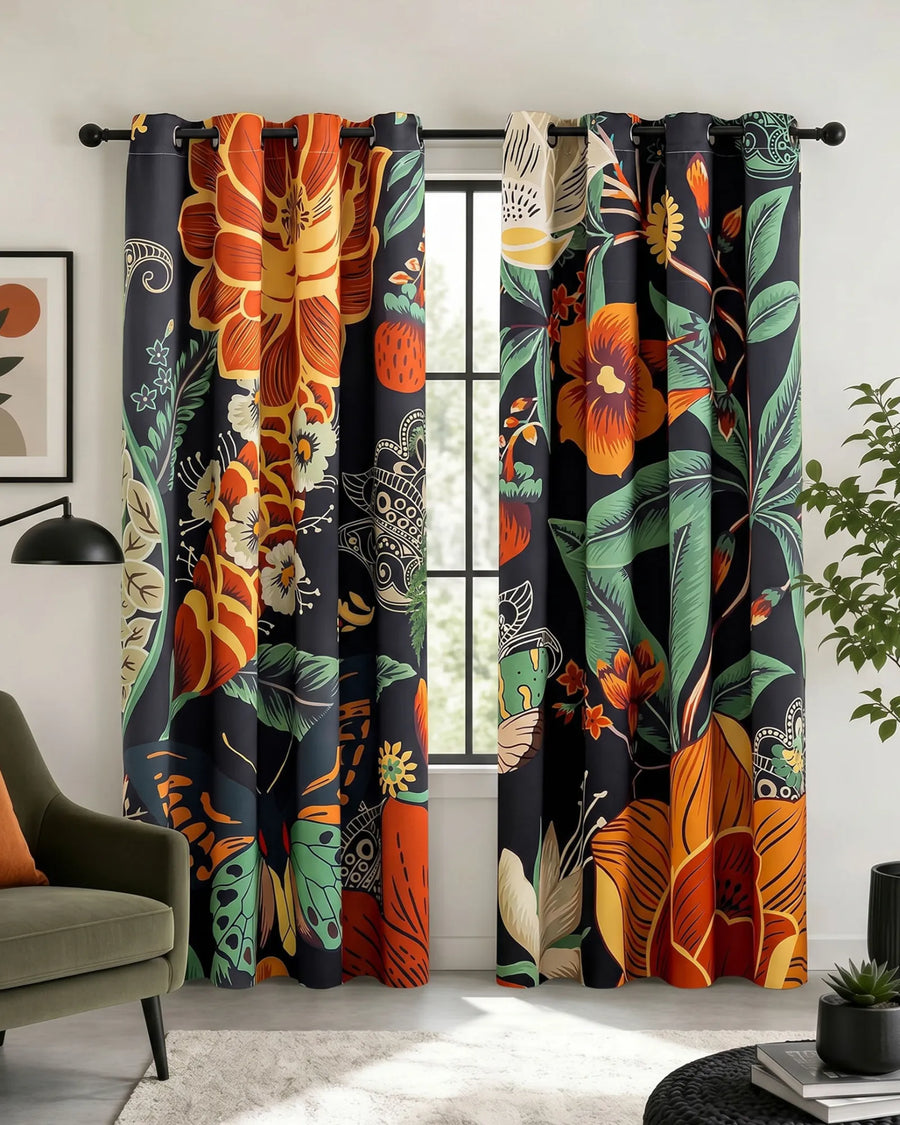 Mocha Noir floral blackout curtain pair hanging at a bright living room window