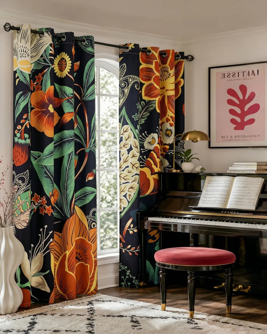 Boho floral blackout curtains in a music room featuring the Mocha Noir pattern
