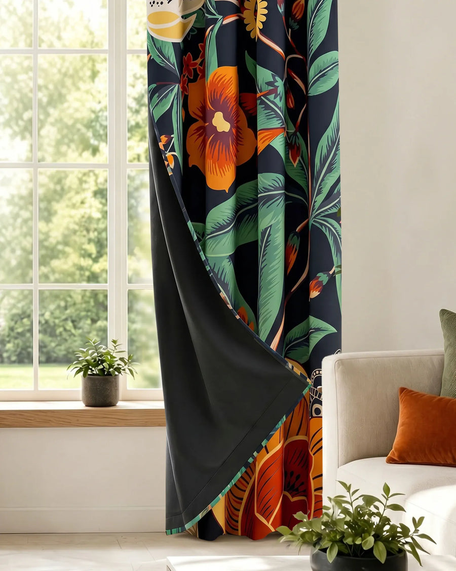 Boho floral blackout curtains with room darkening black backing in the Mocha Noir pattern