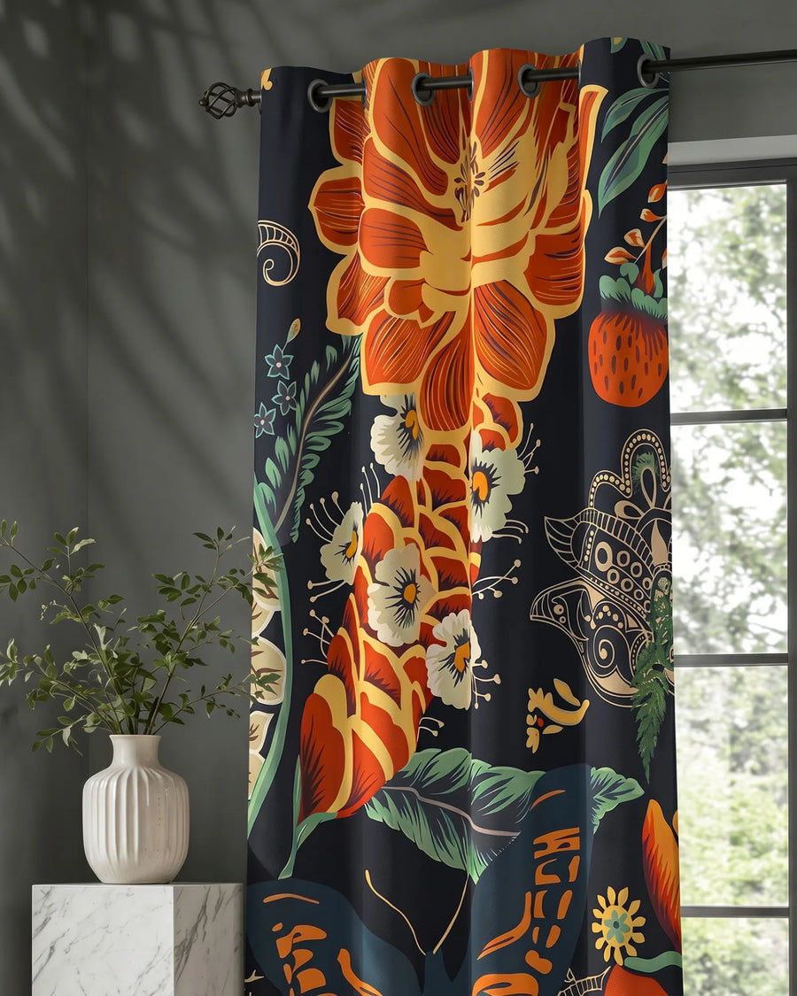 Boho floral blackout curtains hanging by a window featuring the Mocha Noir pattern