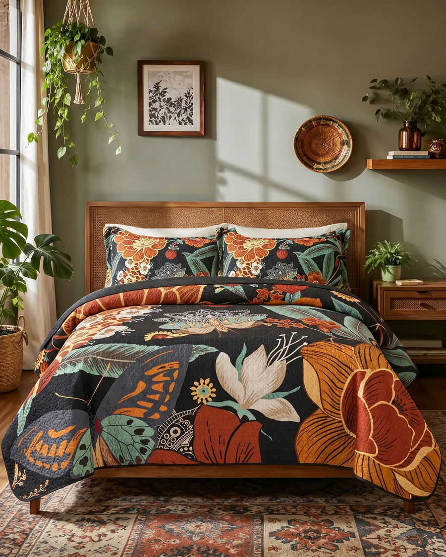 Boho floral quilt set in a bright bedroom featuring the Mocha Noir pattern