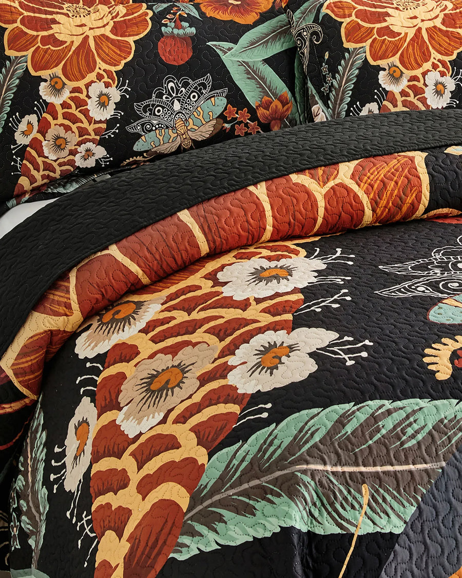 Close-up detail of the Mocha Noir boho floral quilt set showing quilting texture and pattern