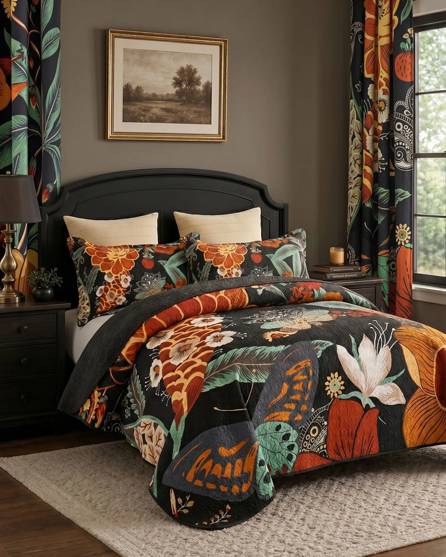 Boho floral quilt set coordinated with matching blackout curtains in the Mocha Noir pattern