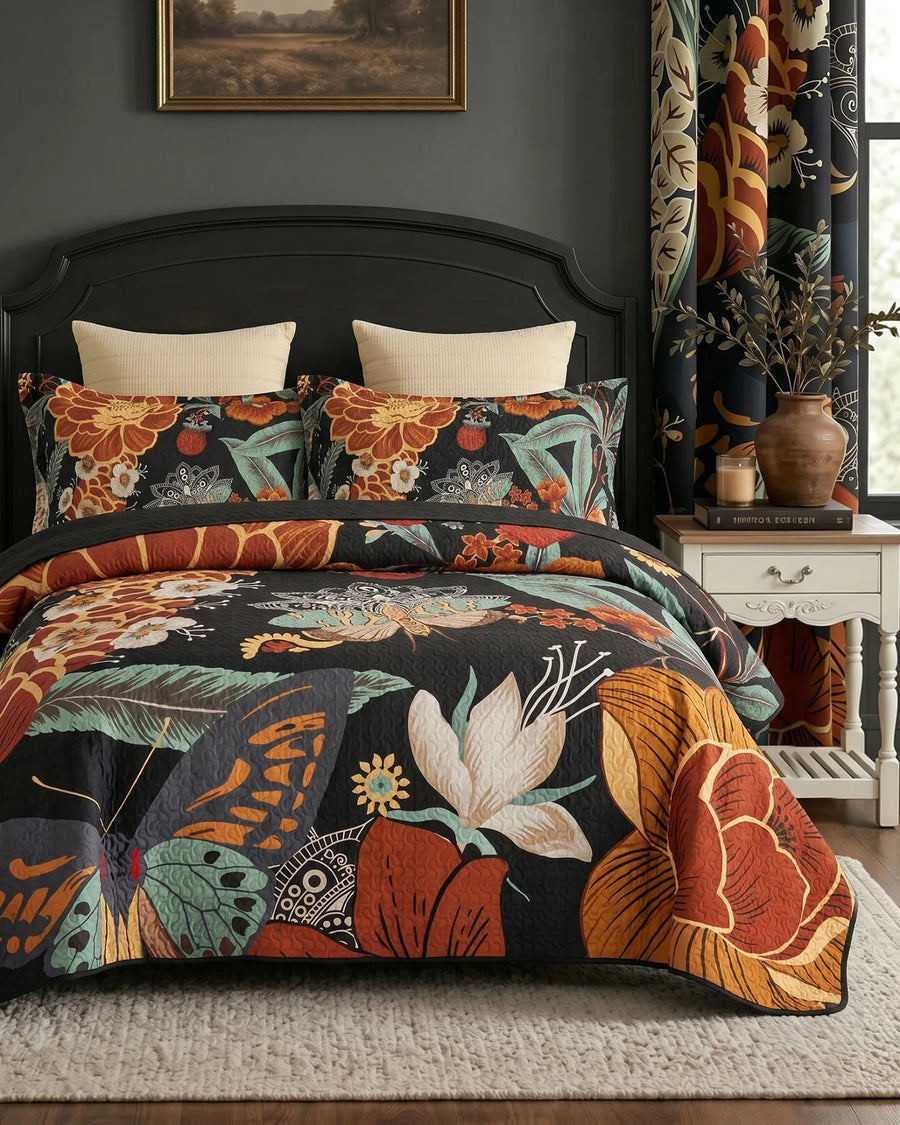 Boho floral quilt set in a dark-toned bedroom featuring the Mocha Noir pattern